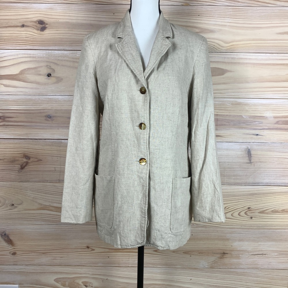 Worthington Blazer Womens 10 Beige Linen Blend ‎ Patch Pocket Coat Neutral